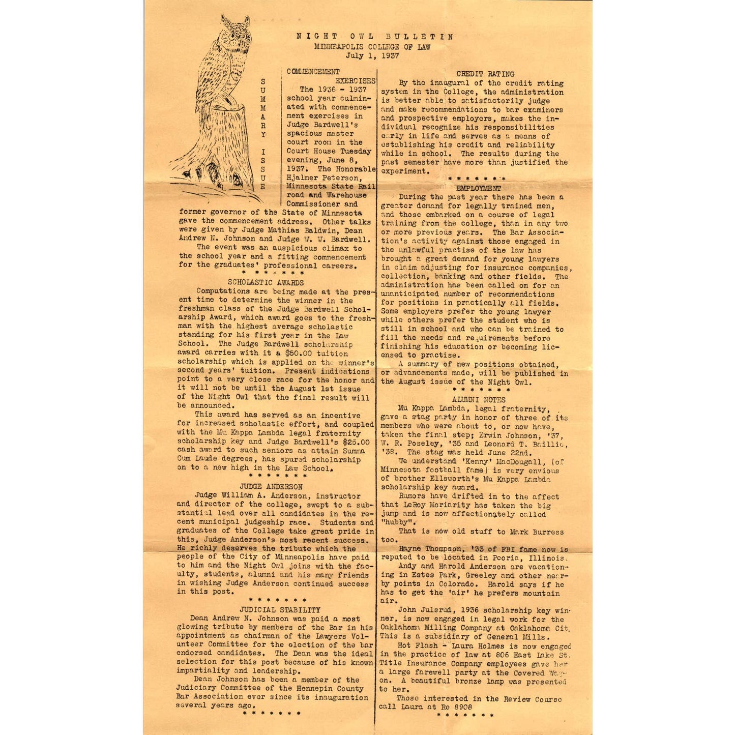 1937 Minneapolis College of Law Night Owl Bulletin Newsletter Summary Issue TJ1-1