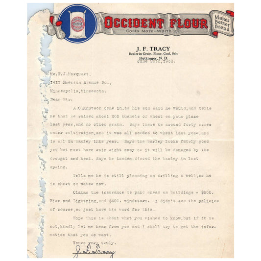 1933 Occident Flour J.F. Tracy Hettinger ND Letterhead Memo AD1-1