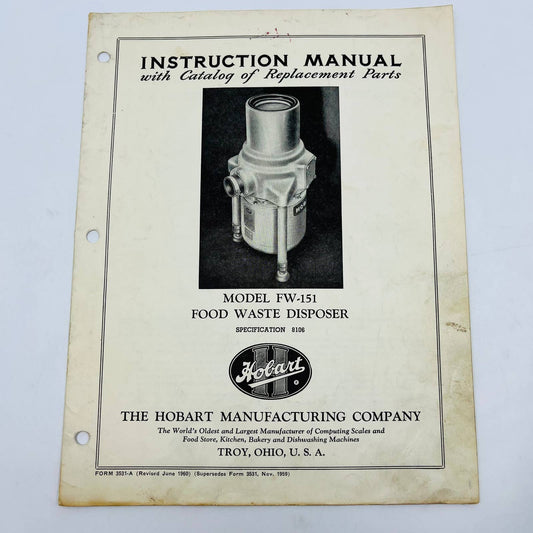 1960 Hobart Instruction Manual Booklet Food Waste Disposer Model FW-151 C11