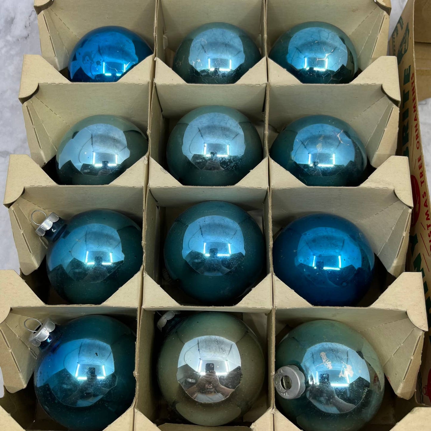 Shiny Brite 12 Vintage Mercury Glass Ornaments With Original Box Blue Turquoise