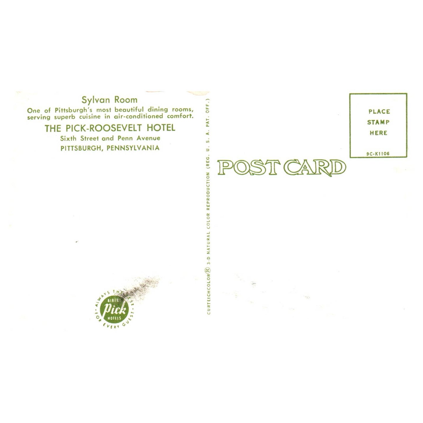 Vintage Postcard - The Pick-Roosevelt Hotel Sylvan Room Pittsburgh PA TJ7-1