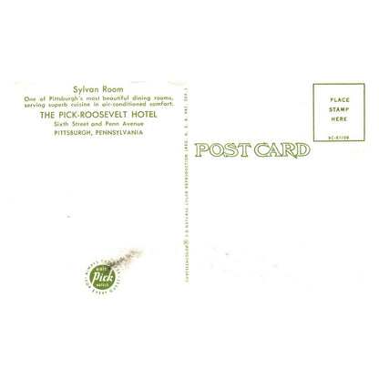 Vintage Postcard - The Pick-Roosevelt Hotel Sylvan Room Pittsburgh PA TJ7-1