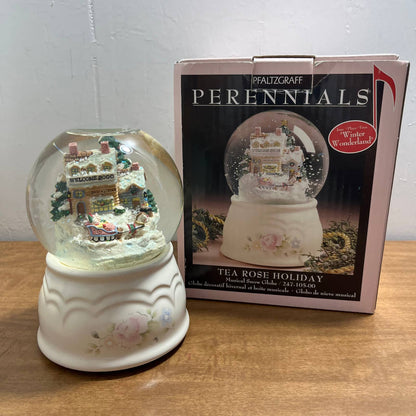 VTG PFALTZGRAFF Perennials Tea Rose Holiday Snow Globe Musical w Box 2000 TB1