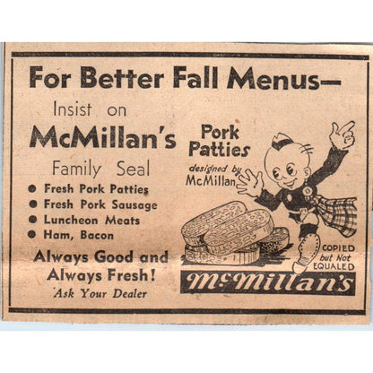 1935 Minneapolis Journal Newspaper Ad McMillan's Pork Patties FL5-6