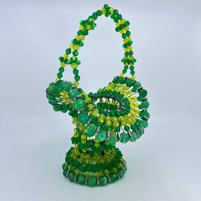 Vintage Kitsch Safety Pin Beaded Basket Green Yellow 70s Earth Tone 11” TF4