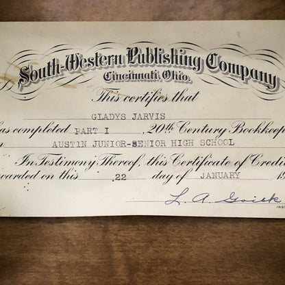 1932 South-Western Publishing Bookkeeping Cert. Gladys Jarvis Austin MN AC9