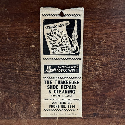 The Tuskeegee Shoe Repair Thomas & Allen Advertising Matchbook Cover MM11-7