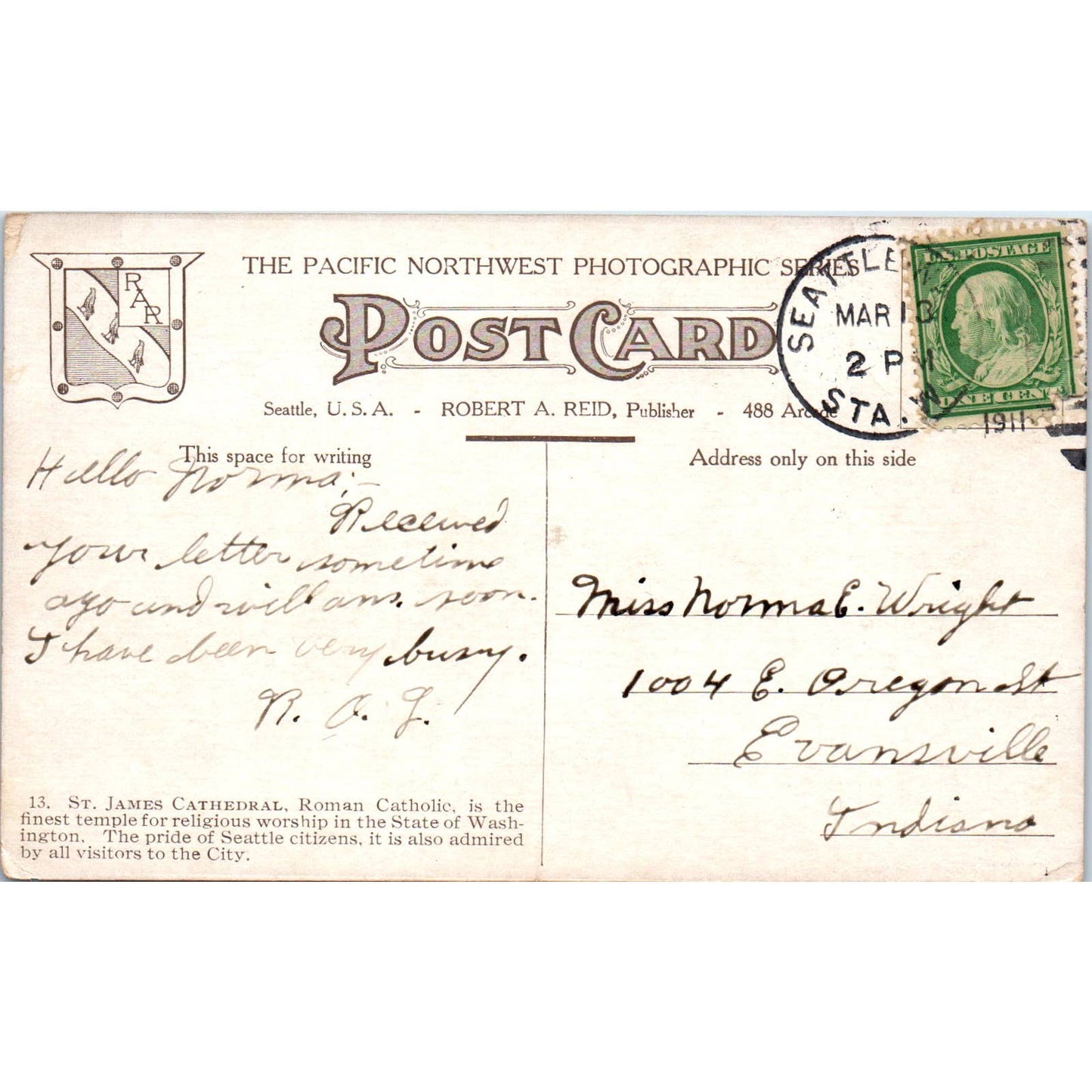 Antique Postcard St. James Cathedral Seattle Washington TD9-W2