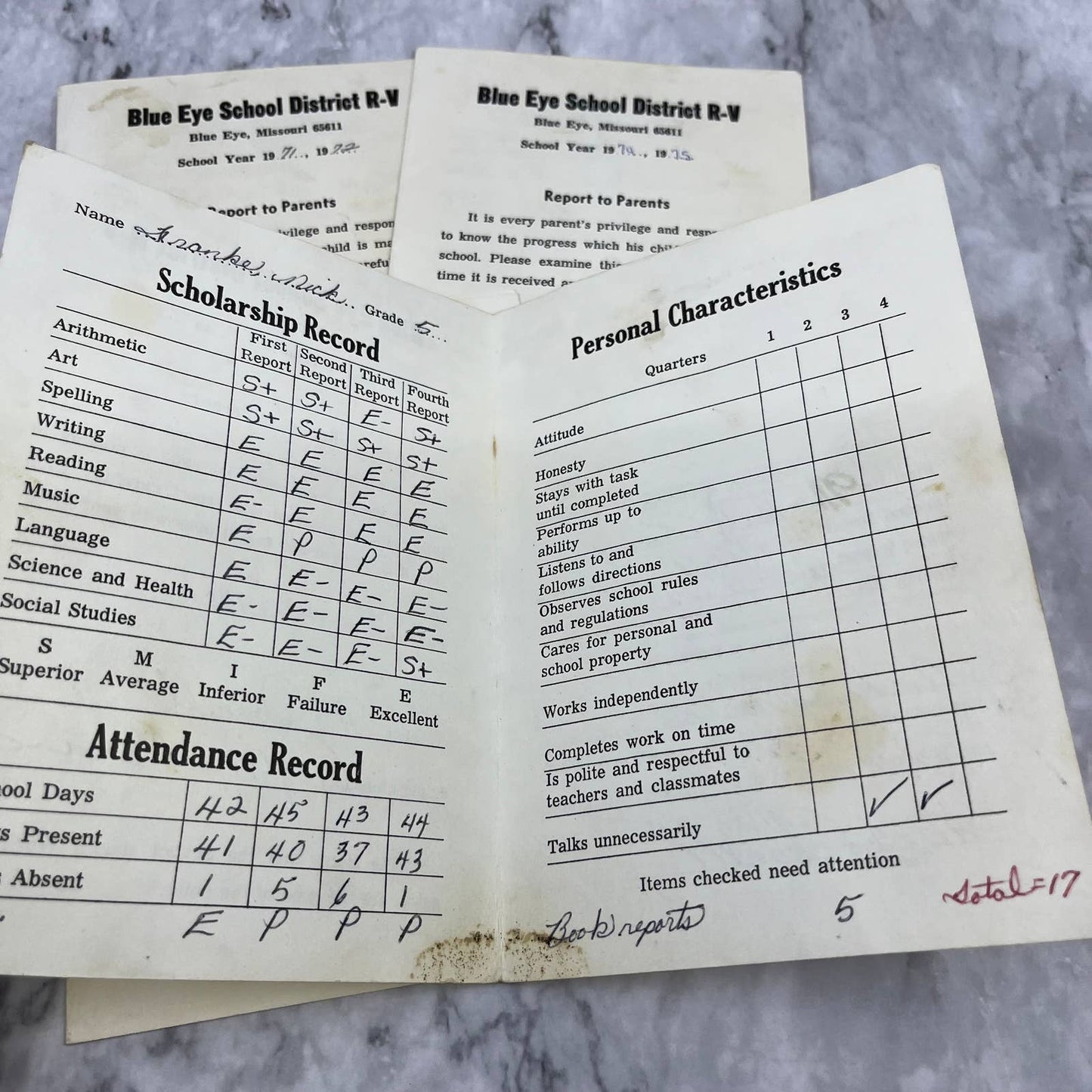 1971-75 Report Card Lot Nick Franke Blue Eye School District R-V MO EA4