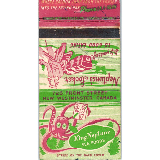 King Neptune Seafoods New Westminster Canada Advertising Matchbook Cover MM10-3