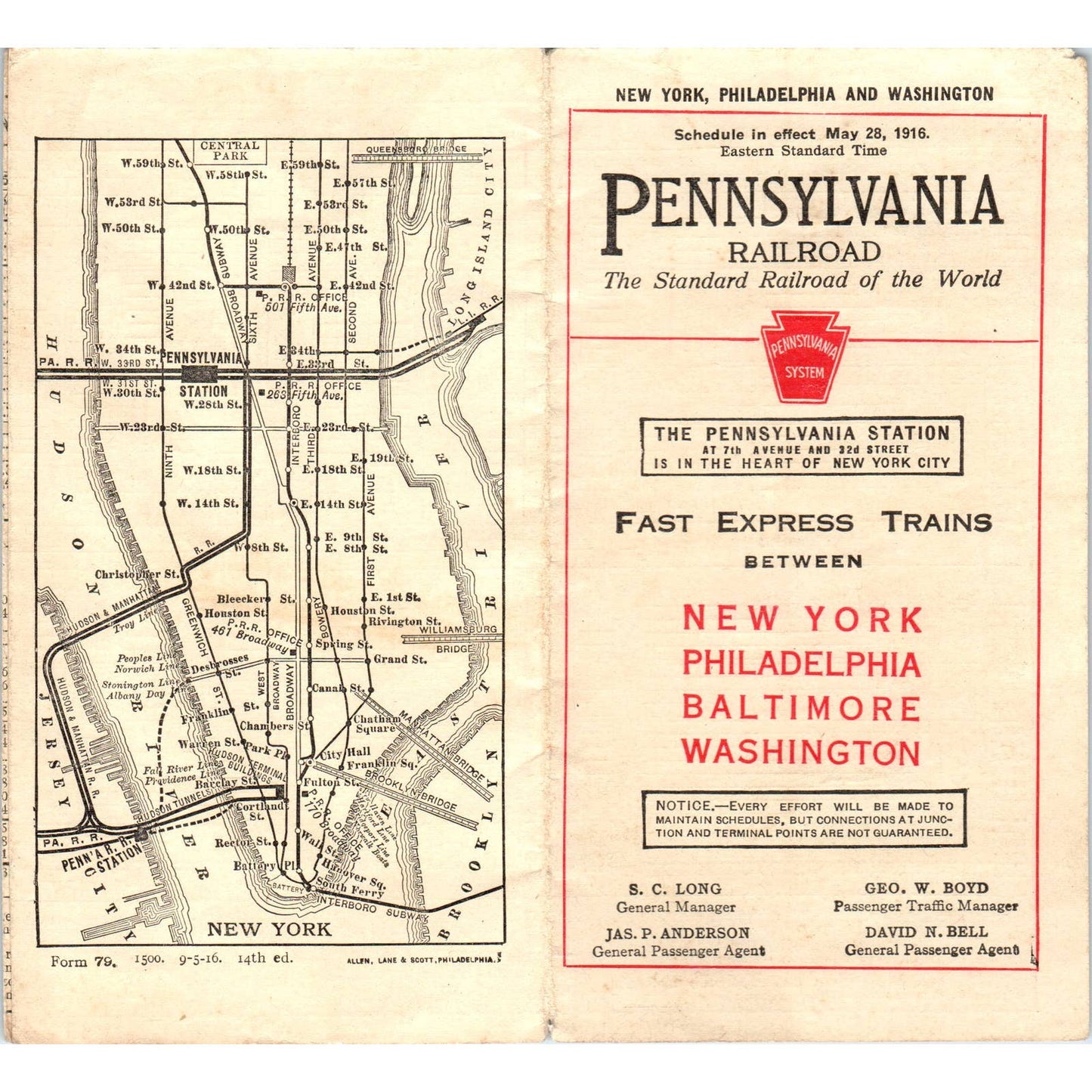 1916 Pennsylvania RR New York Philadelphia Baltimore Washington Timetable SE8