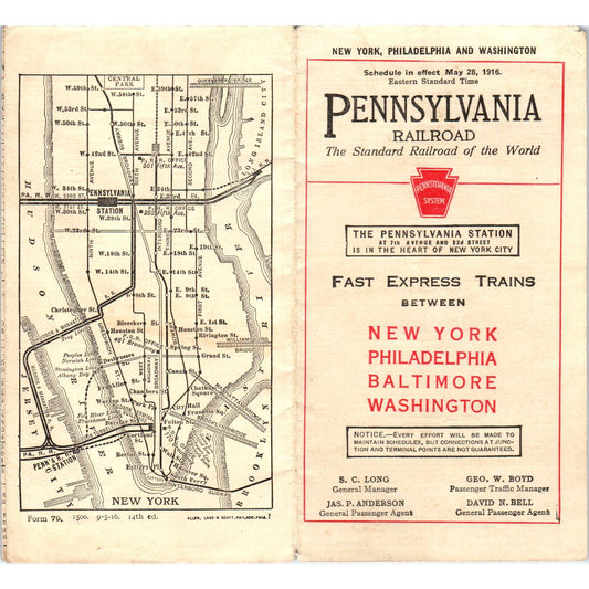 1916 Pennsylvania RR New York Philadelphia Baltimore Washington Timetable SE8