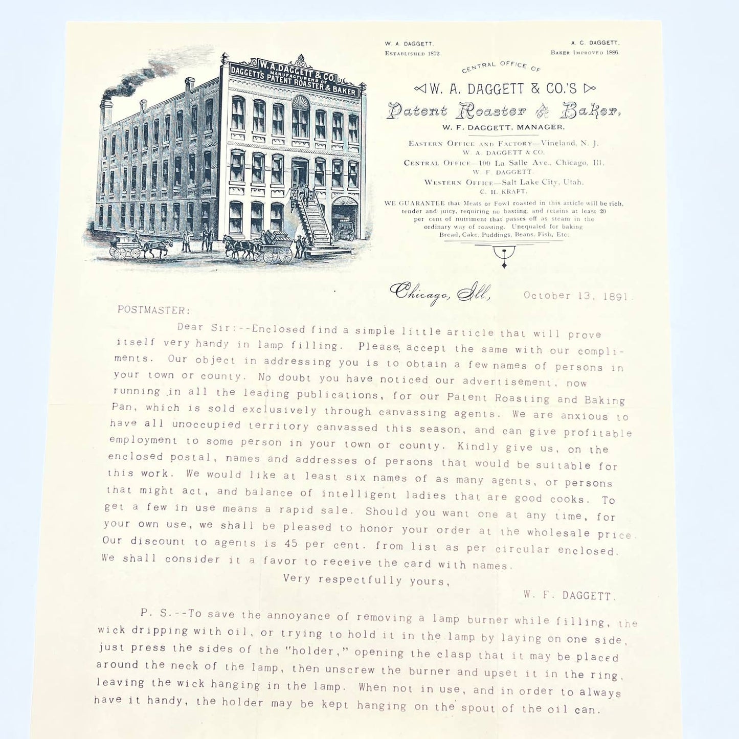 1891 Letterhead Price List W.A. Daggett & Co. Patent Roaster & Baker Chicago AC2