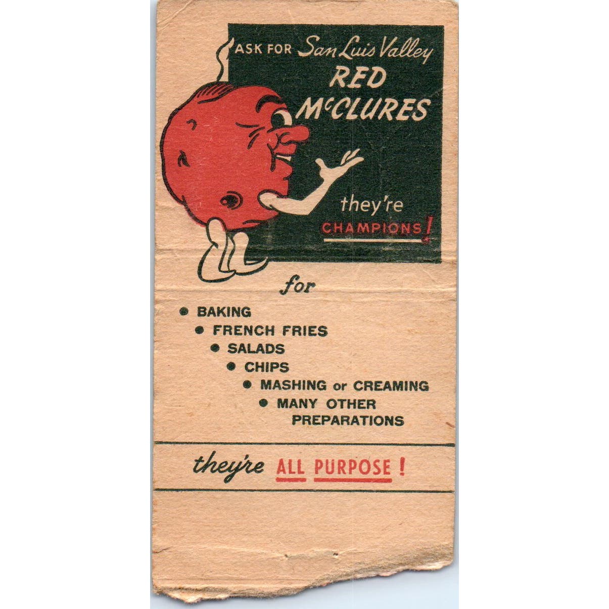 San Luis Valley Red McClure Potatoes Colorado Advertising Matchbook Cover SA9-M1