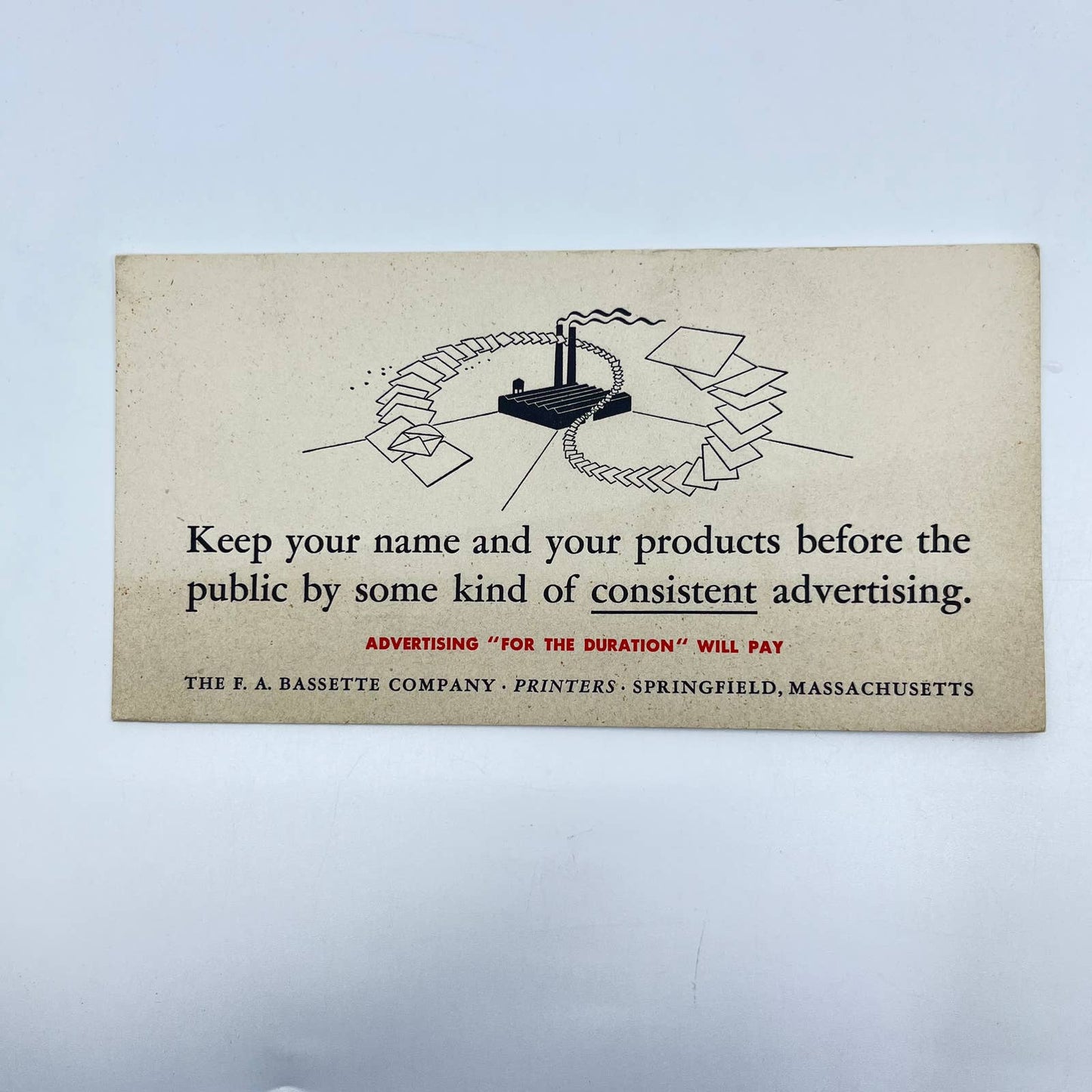 1920s Blotter Card Advertising F.A. Bassette Co. Printer Springfield MA SC9