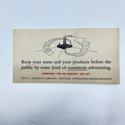 1920s Blotter Card Advertising F.A. Bassette Co. Printer Springfield MA SC9