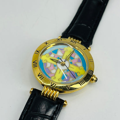 Vintage Gold Tone Enamel Face Watch Leather Band SA6