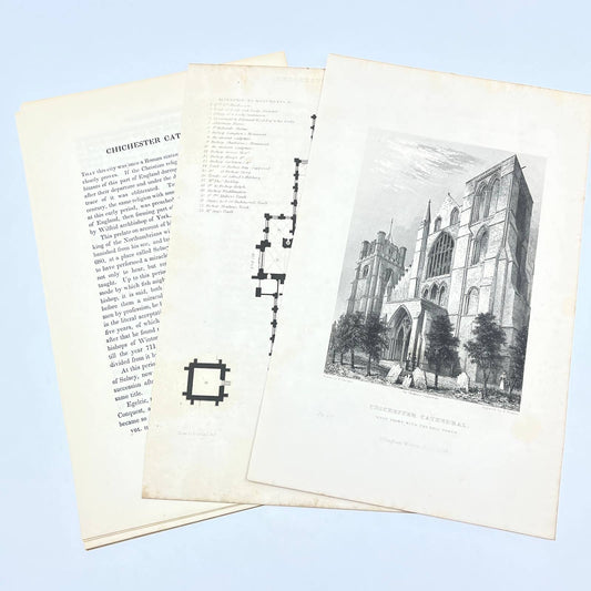 1836 Original Art Engraving Chichester Cathedral West FRONT Floor Plan & Bio TG6