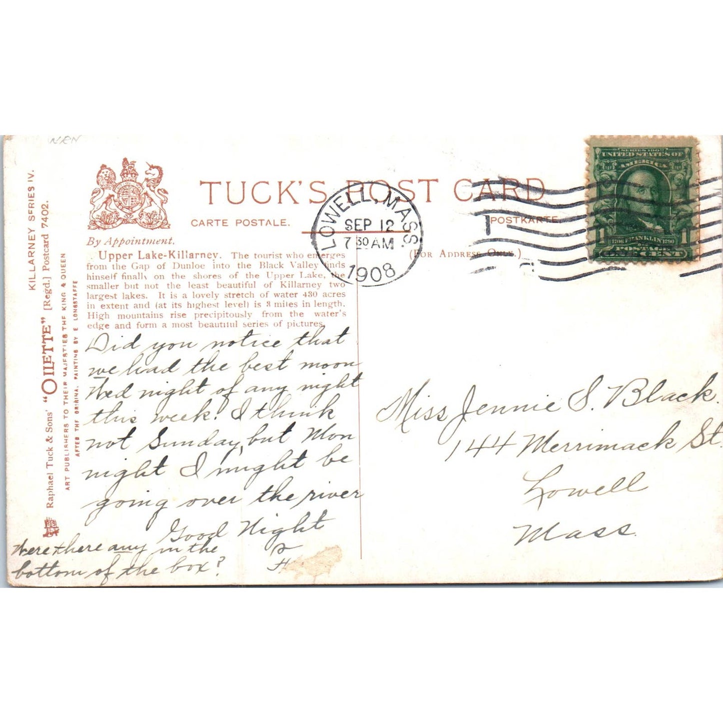 Upper Lake Killarney 1908 Raphael Tuck Oilette Original Postcard TK1-P17
