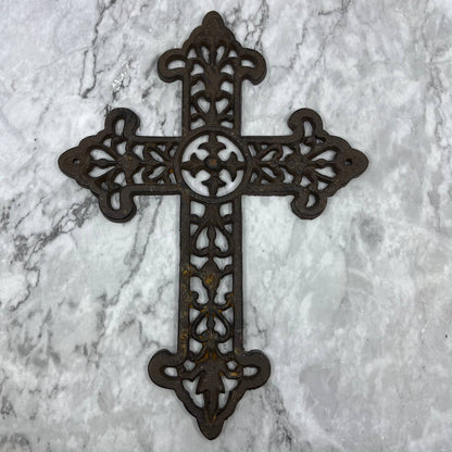 Vintage Heavy Cast Iron Victorian Fleur De Lis Wall Cross Rustic TJ6