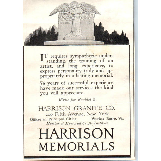 c1920 Harper's Magazine Ad - Harrison Granite Memorials Gravestones EA3-4