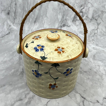 Vintage Japanese Ceramic Biscuit Jar Hand Painted Flower Basket Weave 4'' TI7