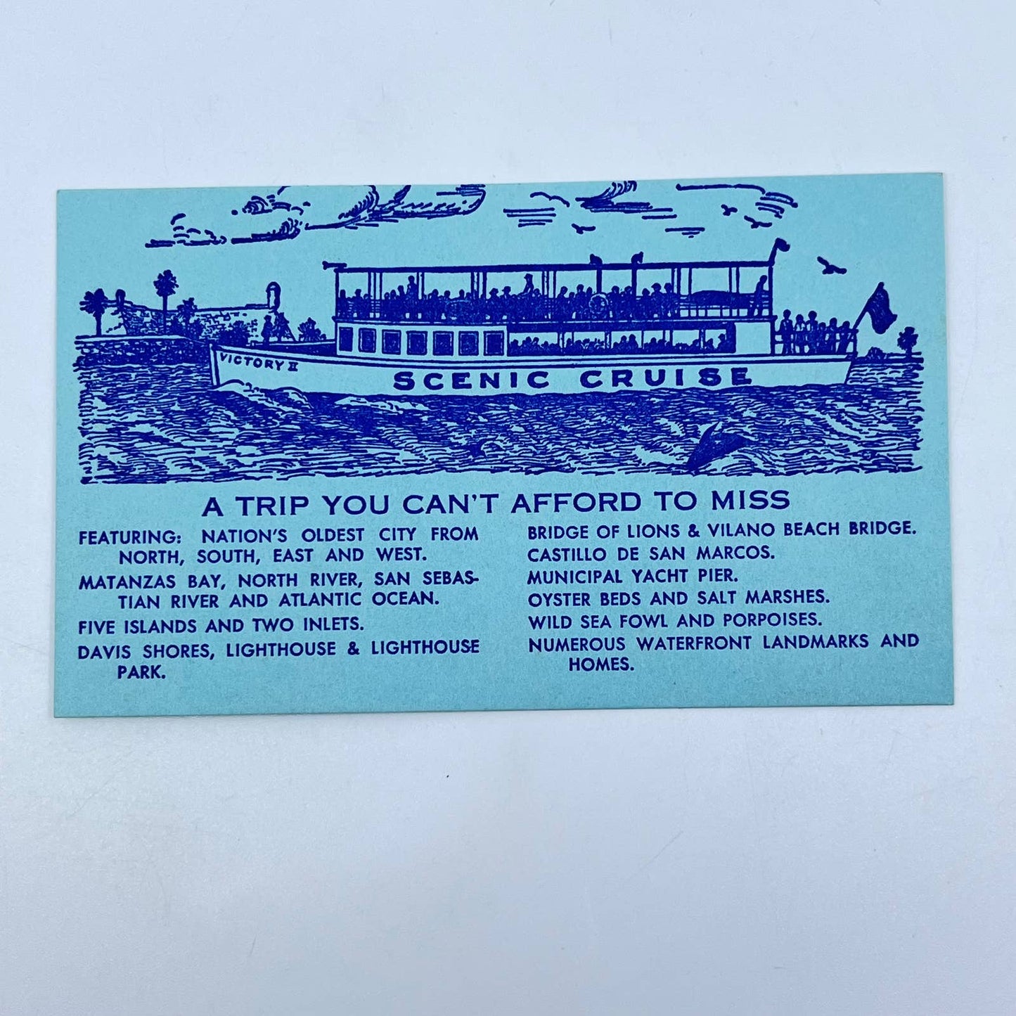 1950s St. Augustine FL Ad Card -Victory II Scenic Cruise Francis E. Usina AB2