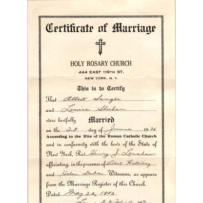 1936 Certificate of Marriage Holy Rosary NYC Albert Sanger Louise Sheehan AD4