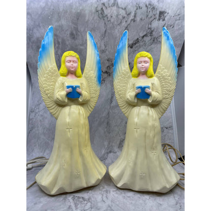 Vintage Pair Christmas Union Products Blow Mold Light Up Angels 1969 WORK GREAT