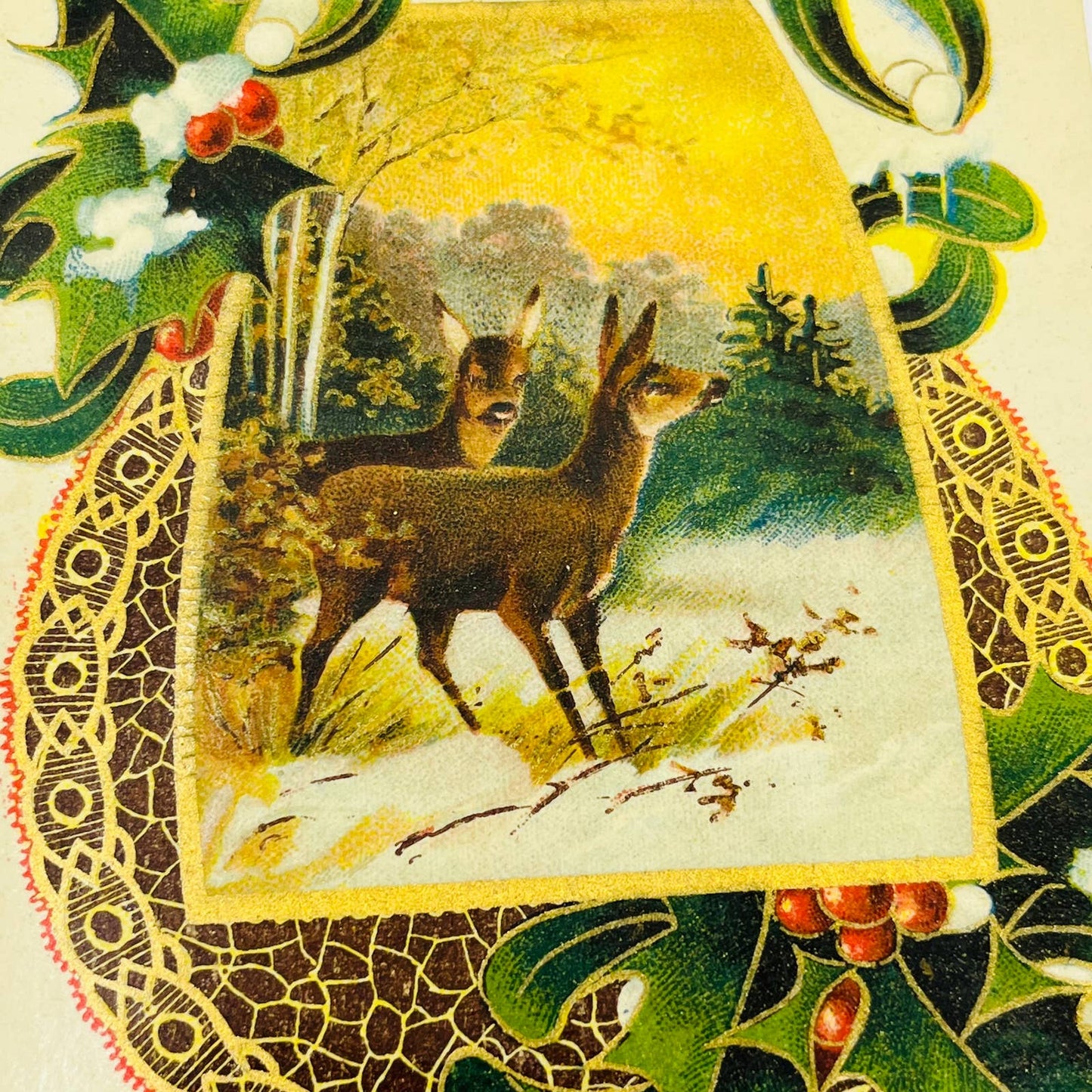 1910s Christmas Post Card Holly Deer Snow Gold PA4