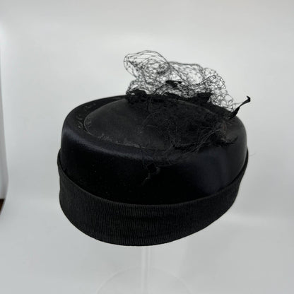 Vintage 1940s Black Pillbox Hat with Netting and Bows HB1