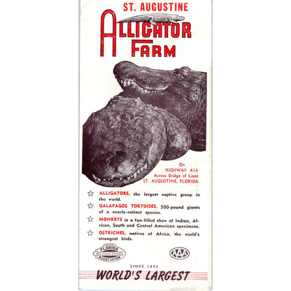 1950s St. Augustine FL Alligator Farm Fold Out Travel Brochure TH2-SF2