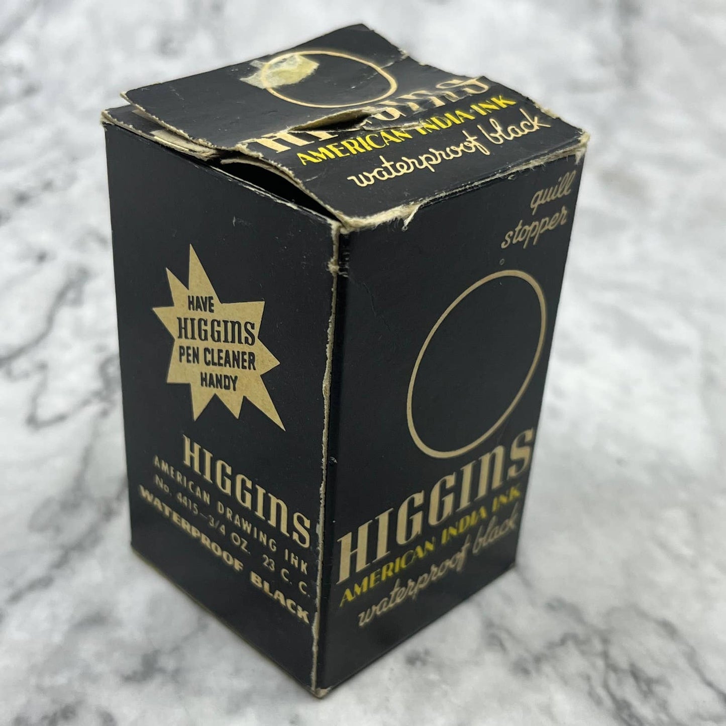 Vintage HIGGINS WATERPROOF INK - 4415 India Black Quill Stopper In Box TC7