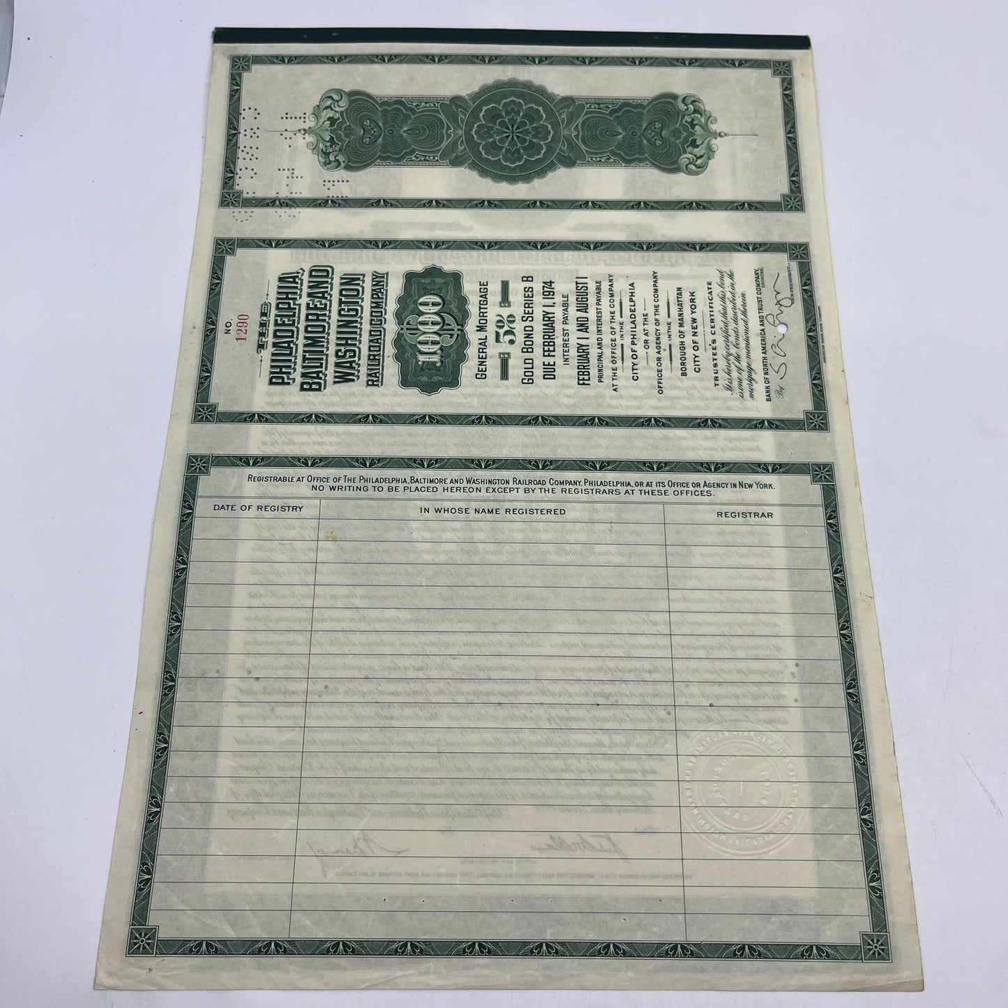 1924 The Philadelphia, Baltimore and Washington Railroad Co Bond Certificate FL4