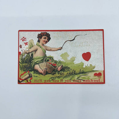 1900s Valentine’s Post Card Cupid Flowers Bow & Arrow Silver Background PA3