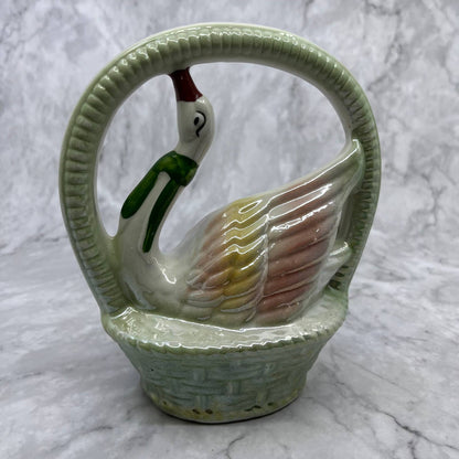 Ceramic Lustreware Elegant Swan in Basket Vintage Made in Brazil 6x6.5 TD1