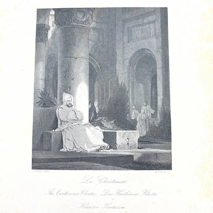 1864 Original Steel Art Engraving - The Carthusian Cloister V. Bayer 8.5x11" AC3