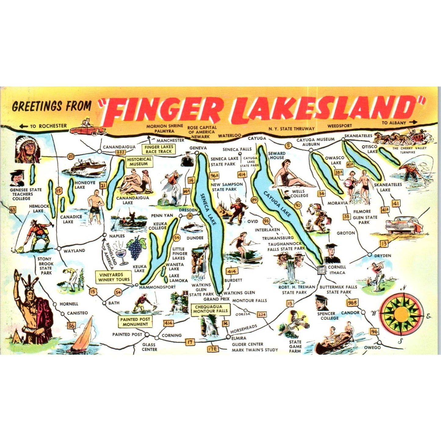 Finger Lakes Land New York Map Original Postcard TK1-P13