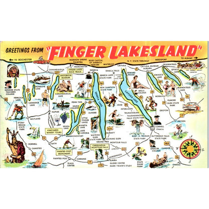 Finger Lakes Land New York Map Original Postcard TK1-P13