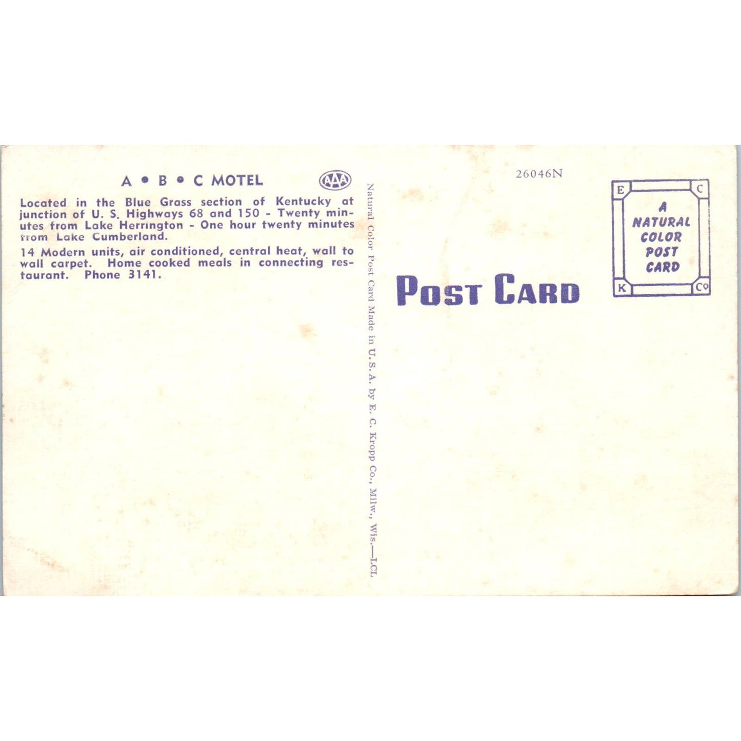ABC Motel Perryville Kentucky AAA Original Postcard TK1-P1