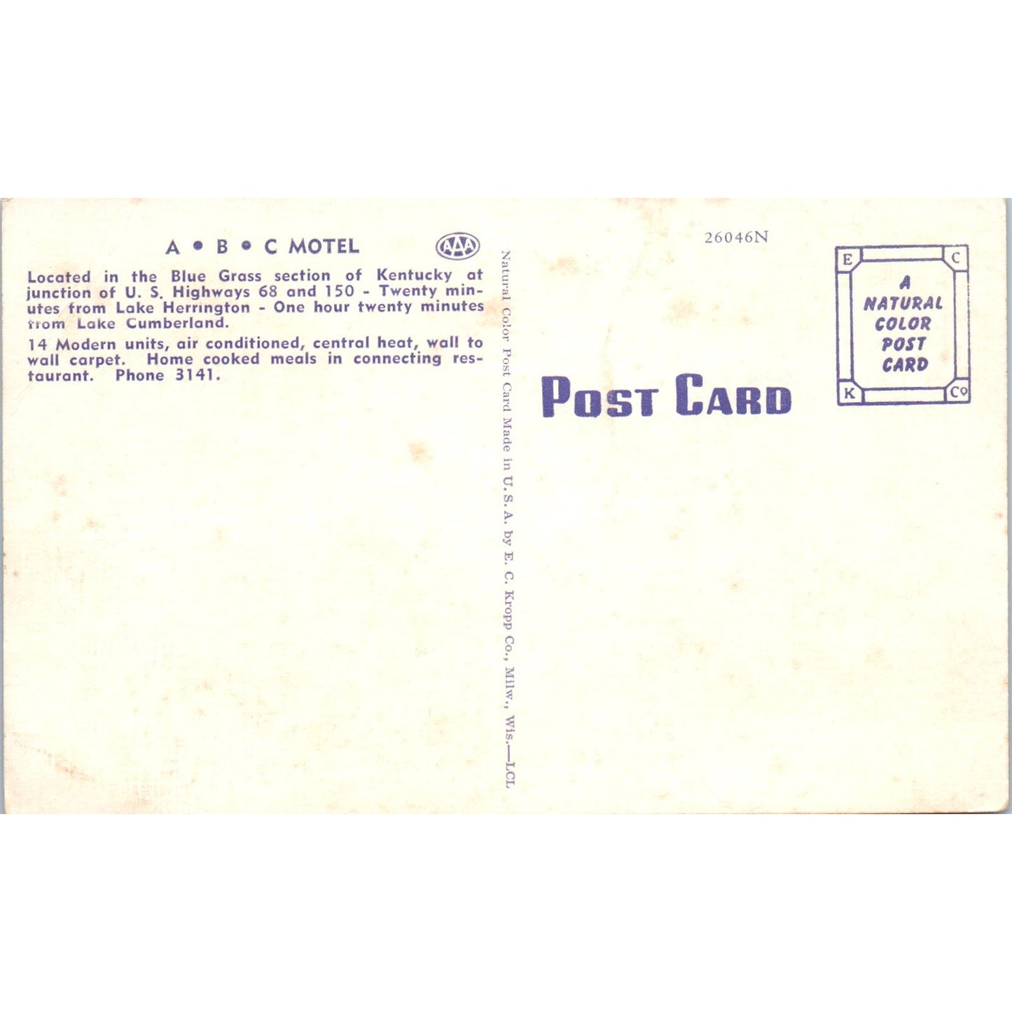 ABC Motel Perryville Kentucky AAA Original Postcard P3-3