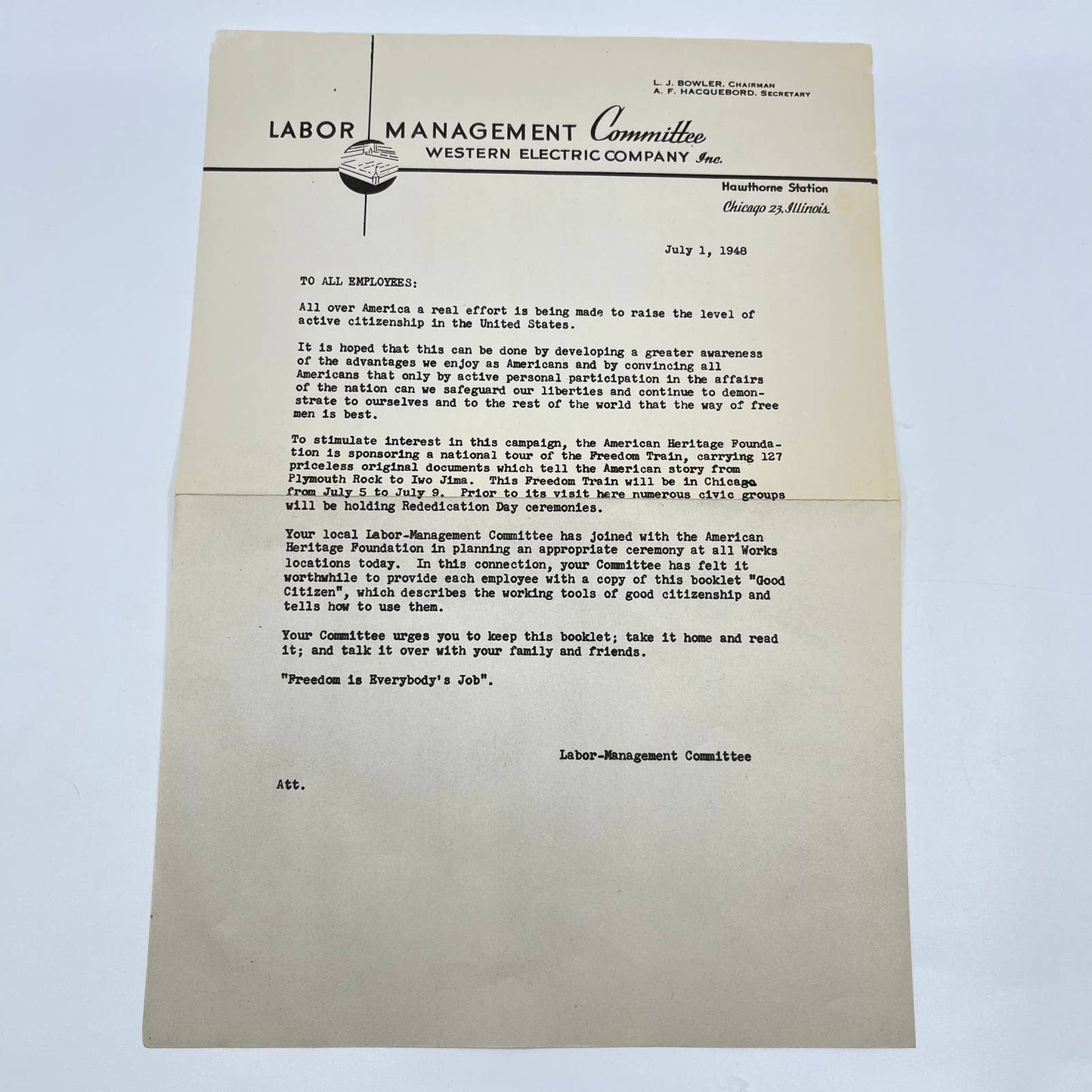 1948 Labor Management Committee Western Electric Company Letterhead Chicago AA7