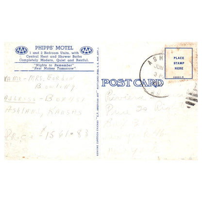 Vintage Postcard - Phipps Motel - Milford Nebraska AD9