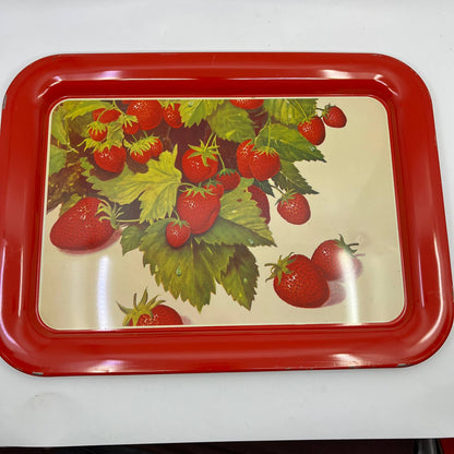 1940s Toleware Tin Enamel Strawberry Dinner Tray Set OF 4 - 17.5 x 13 TH2-2