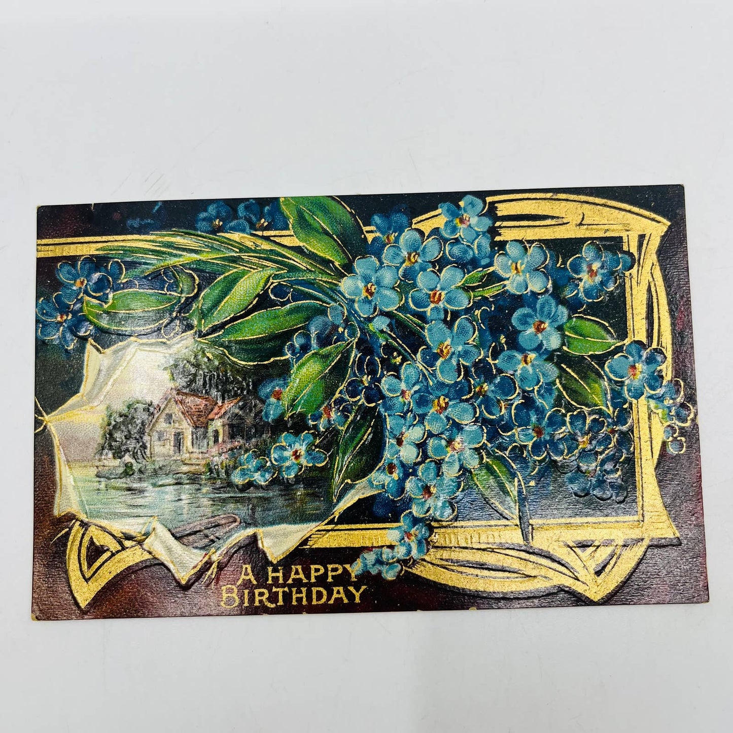 1910s Birthday Post Card Embossed Dresden Cloisonné Style Blue Forget Me Not PA5