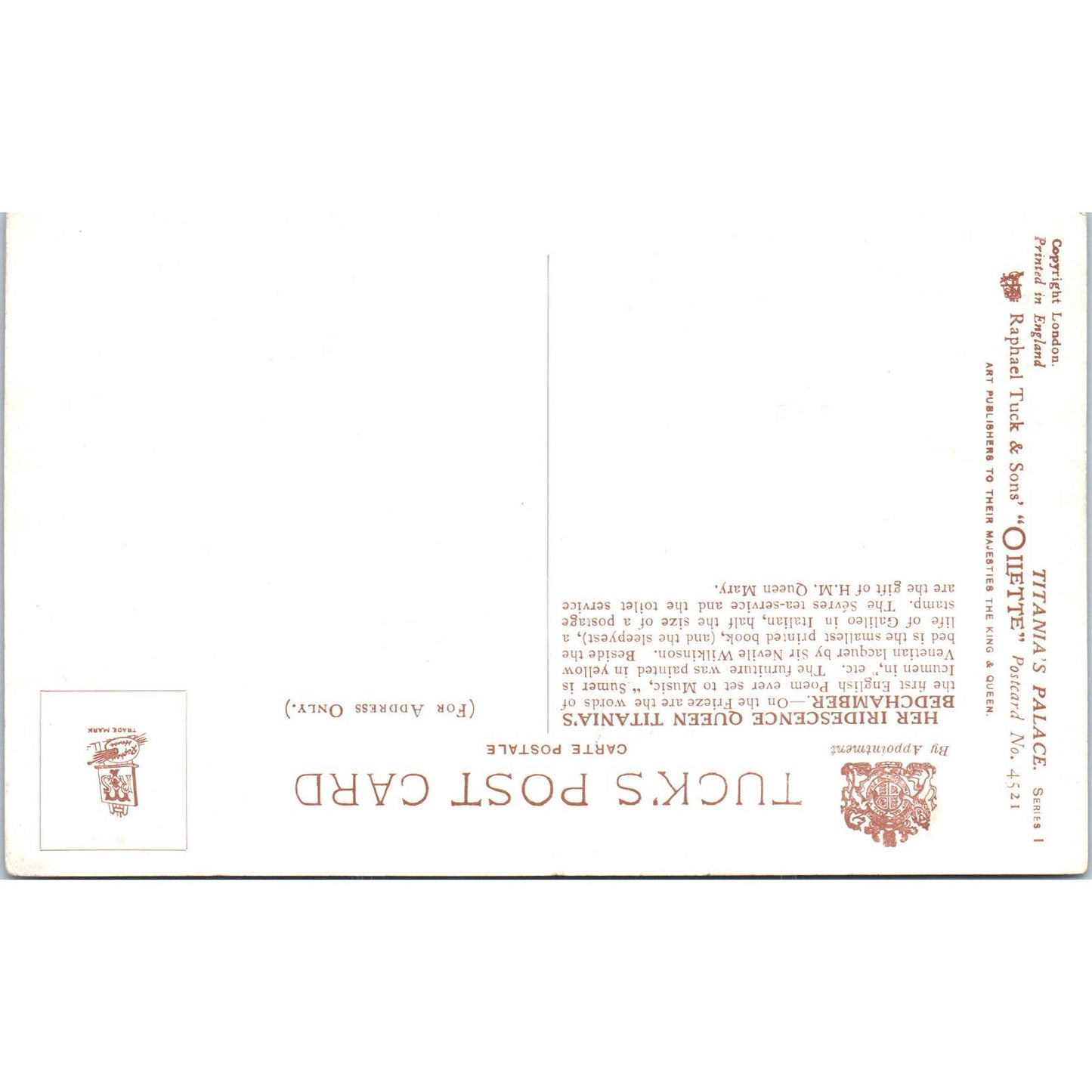 Titania's Palace Bedchamber Raphael Tuck Oilette Original Postcard TK1-P14