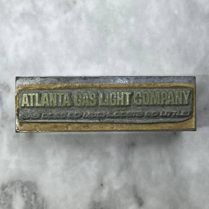 Vtg Printing Letterpress Printers Block Plate Atlanta Gas Light Company TJ518