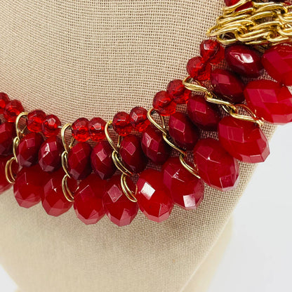 Vintage MCM Red Lucite Bead Gold Tone Chunky Statement Bob Necklace SB2