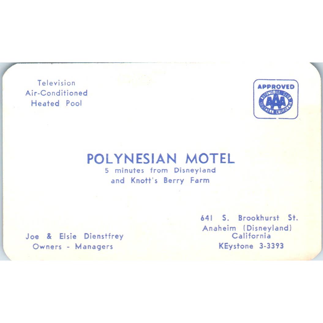Vintage Business Card Polynesian Motel Joe & Elsie Dienstfrey Anaheim CA SE5