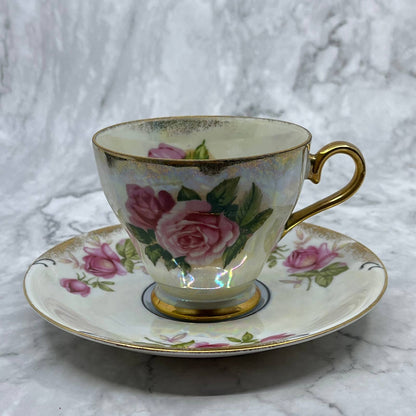 Vintage 1950s Norcrest Iridescent Luster Pink Rose Teacup and Saucer set TA7